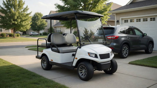 A realistic golf cart parked in a suburban driveway, showing how golf carts became practical everyday mobility vehicles for homes.