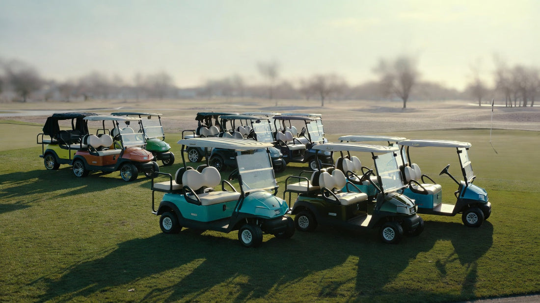 A comparison of standard vs luxury golf carts lined up on a golf course, highlighting practical vs over-featured fleet decisions.