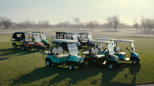 A comparison of standard vs luxury golf carts lined up on a golf course, highlighting practical vs over-featured fleet decisions.