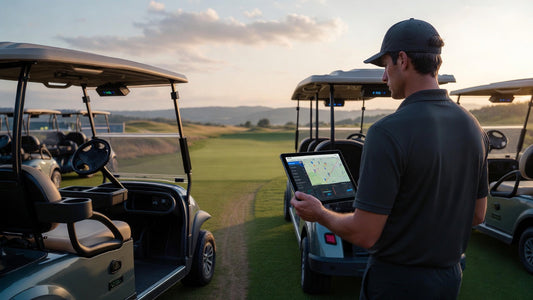 Golf course manager reviewing smart fleet management system with GPS tracking and real-time golf cart analytics on a tablet.