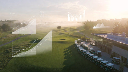 Aerial view of organized golf cart fleet at a golf course with cost analysis graphics, symbolizing long-term investment and total ownership strategy.