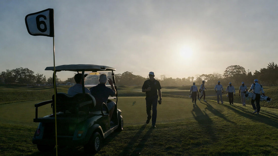 Golf cart breakdown during peak hours on a busy golf course, highlighting operational stress and urgent service needs.