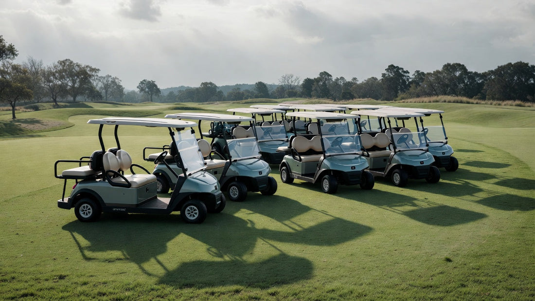 Premium golf carts parked on a luxury golf course, highlighting design quality and fleet consistency in a high-end operational environment.