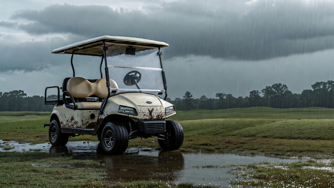 Golf cart parked on a wet course after rain, highlighting moisture exposure risks and outdoor fleet conditions.