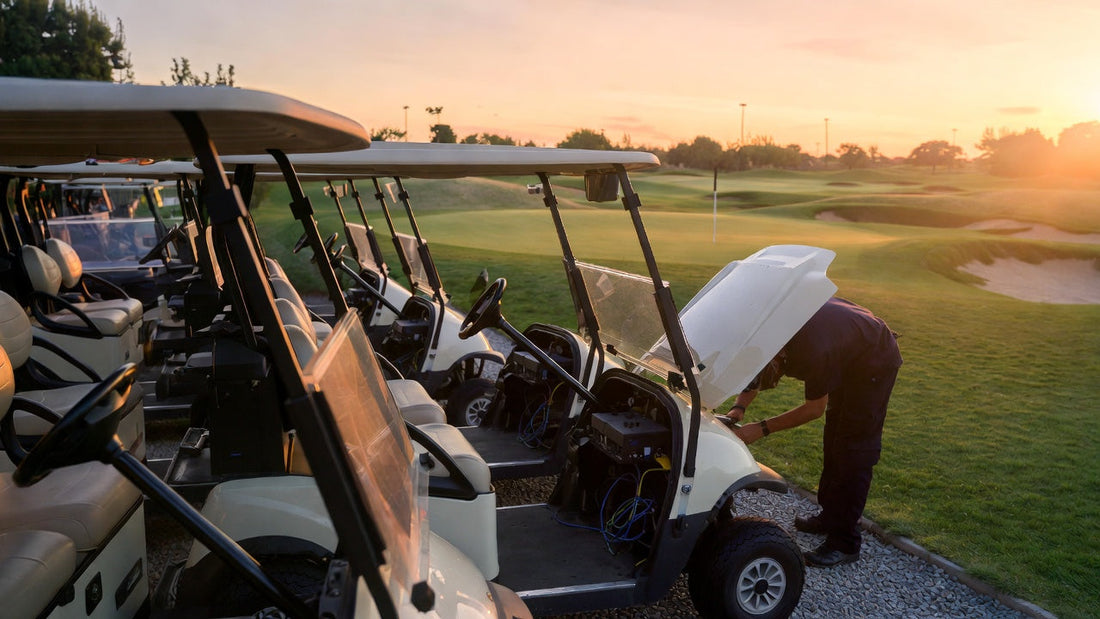 Golf cart maintenance on a course with technician inspecting battery connections, highlighting troubleshooting and fleet reliability.