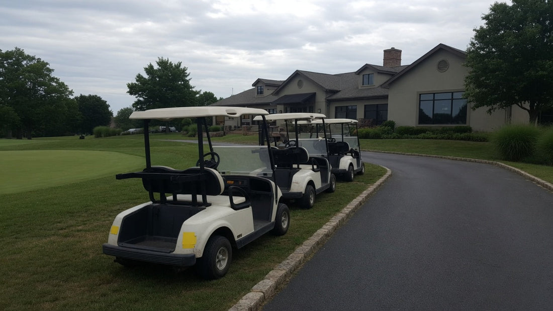Realistic golf cart fleet near a clubhouse, showing how golf course operators evaluate fleet standards and long-term vehicle value.