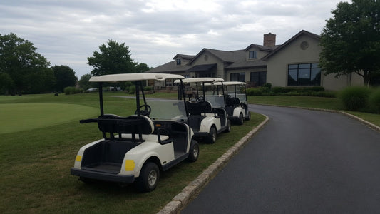 Realistic golf cart fleet near a clubhouse, showing how golf course operators evaluate fleet standards and long-term vehicle value.