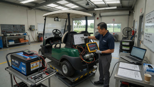 Golf cart technician diagnosing controller fault codes in a professional golf course maintenance workshop.