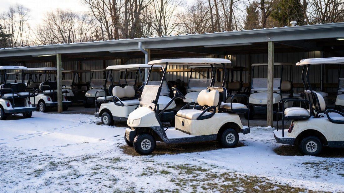 Golf carts stored in a cold winter garage at a golf course, illustrating the hidden impact of winter conditions on golf cart battery life.