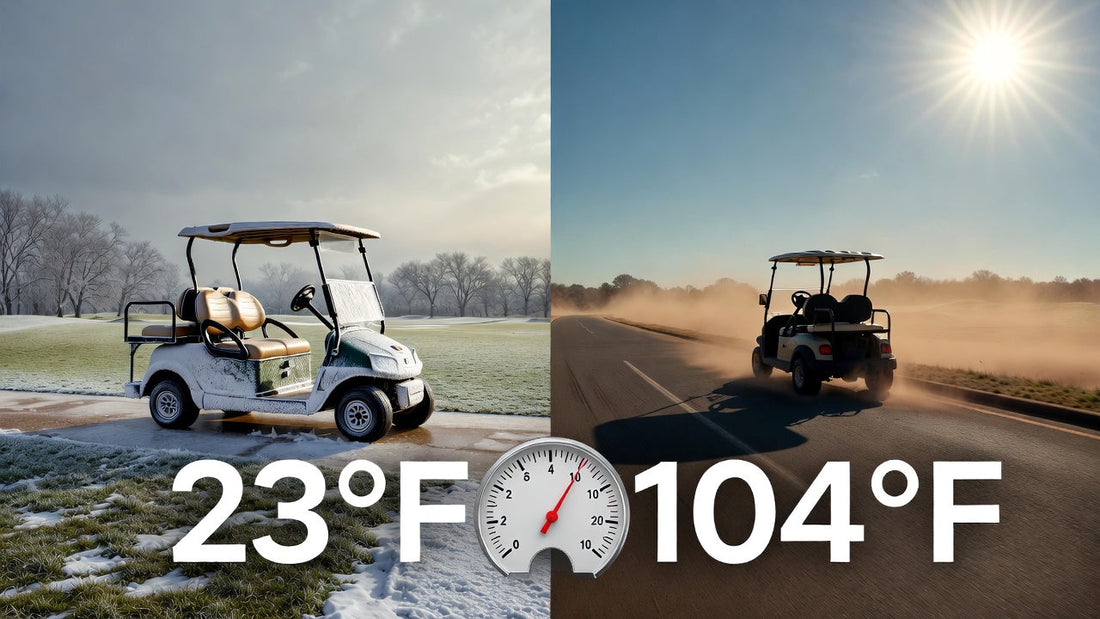 Golf carts operating in freezing winter and extreme summer heat, highlighting how temperature impacts battery performance in real-world golf course conditions.