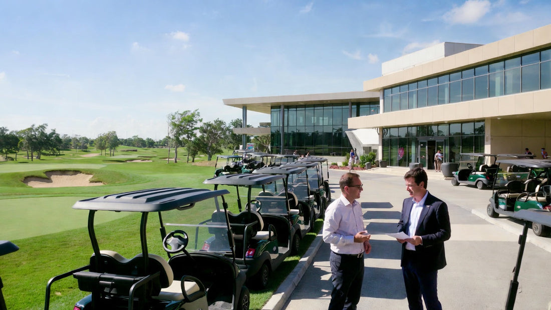 Golf cart fleet outside a clubhouse with a buyer reviewing a contract, representing professional purchasing decisions and contract awareness.