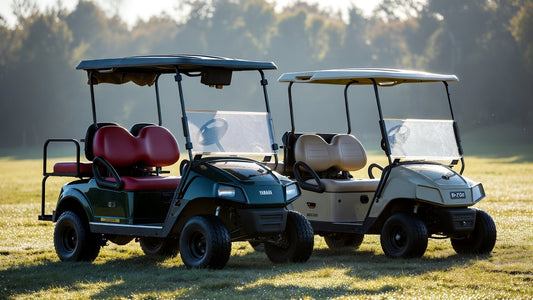 Yamaha vs. E-Z-GO golf carts on wet grass, showing real-world traction test and comparison.