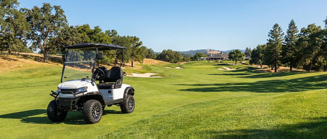 Illustration of a golf cart on a lush golf course with a global map in the background, representing global brands adapting to local markets.