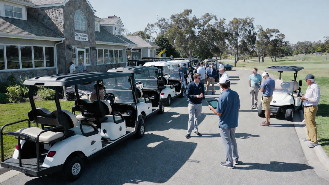 Golf course managers reviewing golf cart specifications while evaluating fleet purchasing decisions at a clubhouse.