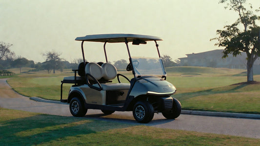 Premium electric golf cart on a golf course, representing fleet procurement, brand positioning, and operational value.