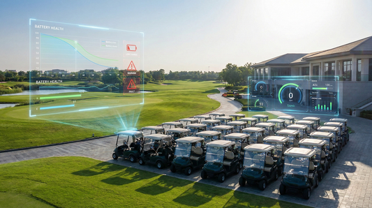 A modern golf cart fleet on a premium golf course with digital overlays illustrating predictive maintenance analytics, battery health monitoring, and smart fleet management technology.