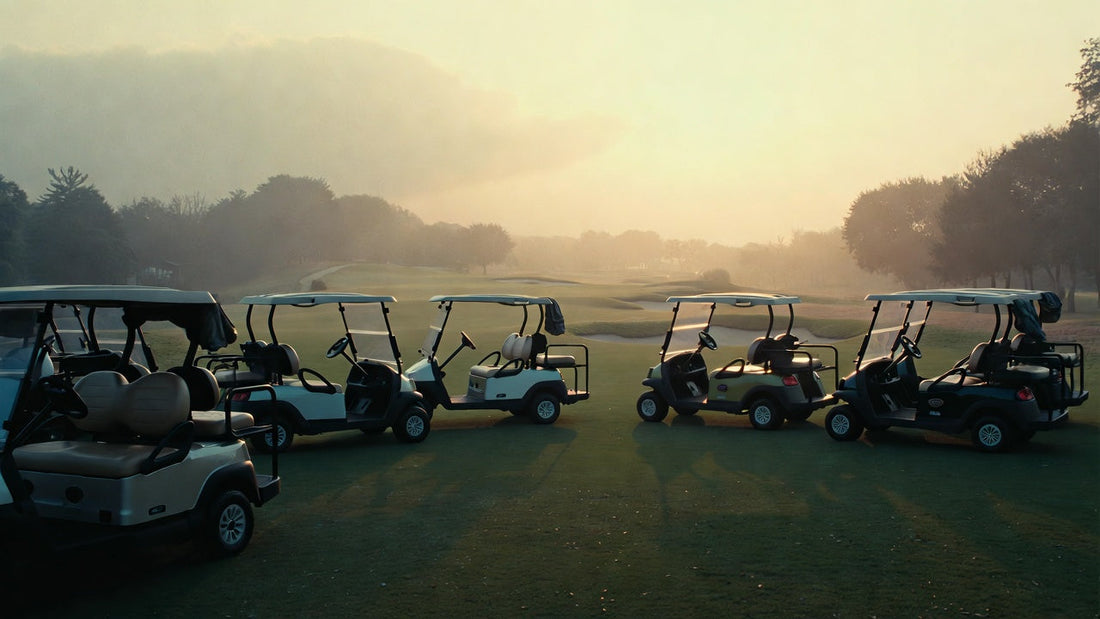 A premium golf course showcasing a lineup of luxury and basic golf carts, visually comparing fleet investment strategies in a professional setting.