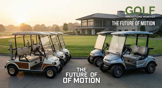 A professional comparison scene showing gas and electric golf carts on a modern golf course, symbolizing the industry’s transition toward electrification.