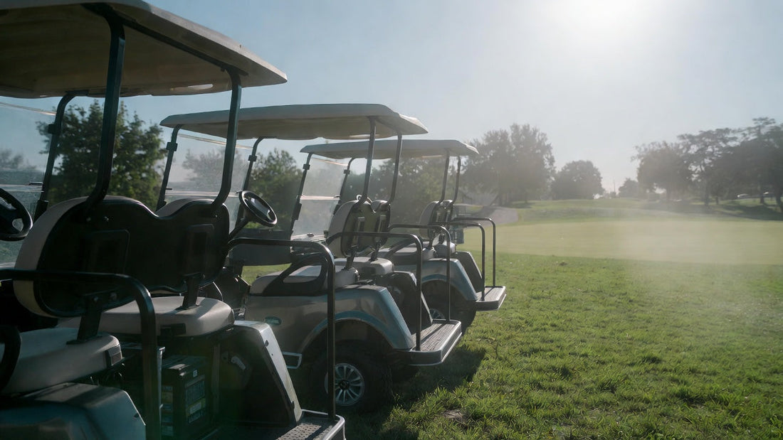 Golf carts parked under intense summer sunlight at a golf course, illustrating how high temperatures can affect battery performance.