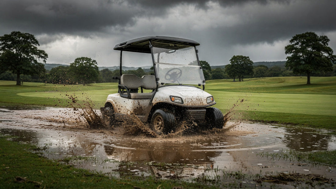 Golf cart driving through water on a wet course, highlighting risks of water exposure and the importance of proper handling after flooding incidents.