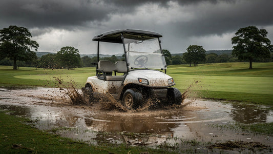 Golf cart driving through water on a wet course, highlighting risks of water exposure and the importance of proper handling after flooding incidents.