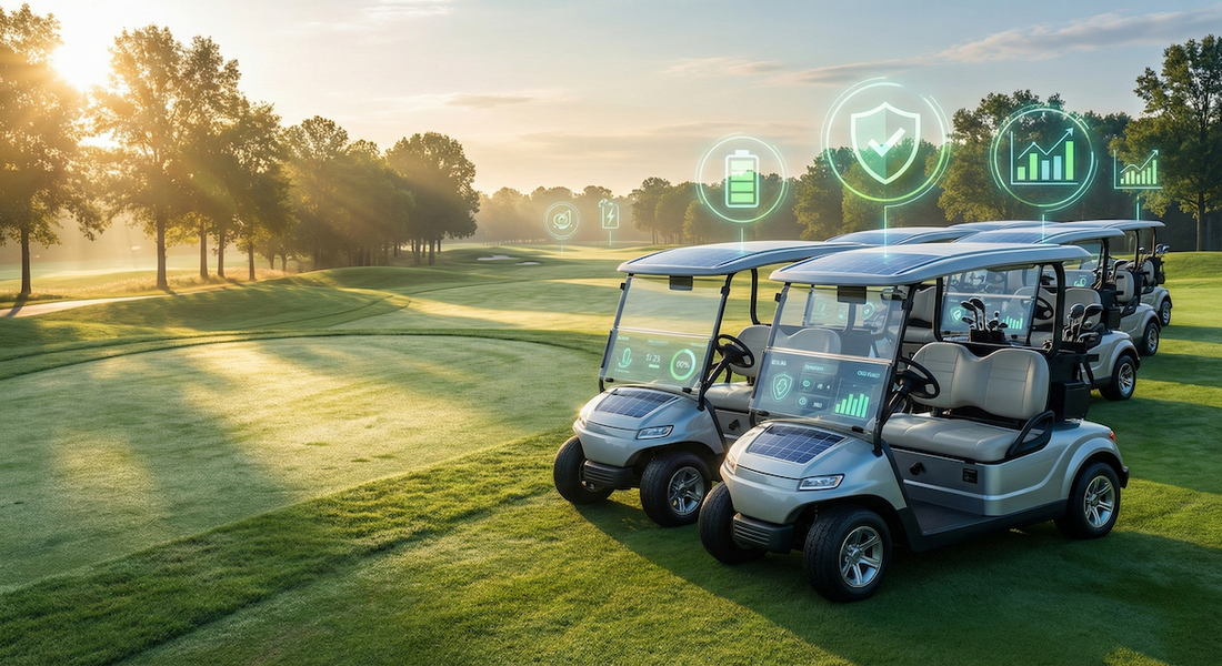 A professional hero image showing modern electric golf carts on a premium golf course, symbolizing regulation, sustainability, and future-ready fleet strategies.