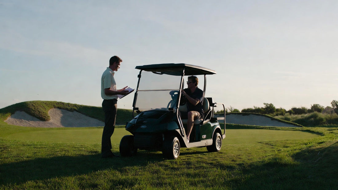 Golf course manager test driving a golf cart with a salesperson while evaluating fleet options on a professional golf course.