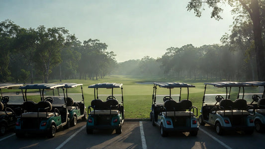 A row of gas and electric golf carts parked at a scenic golf course, representing the fleet choices golf course managers must consider.