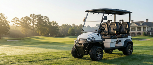 A modern golf cart parked on a premium golf course at sunrise, symbolizing emotional connection, brand identity, and long-term value beyond technical specifications.