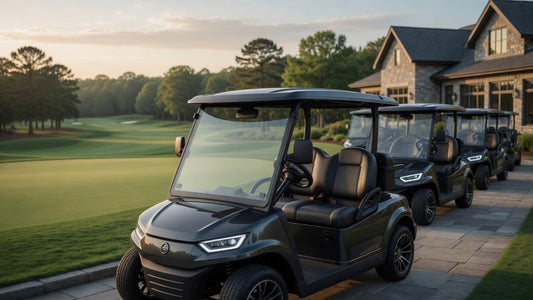 Premium golf cart fleet parked outside a modern golf clubhouse, representing long-term value and professional fleet management.