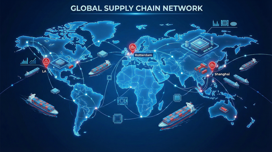 Global supply chain disruption affecting golf cart manufacturing, highlighting semiconductor shortages, shipping delays, and logistics bottlenecks.