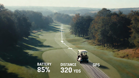 Golf cart driving on a course with overlayed battery and GPS data, illustrating real-world range testing and performance tracking.