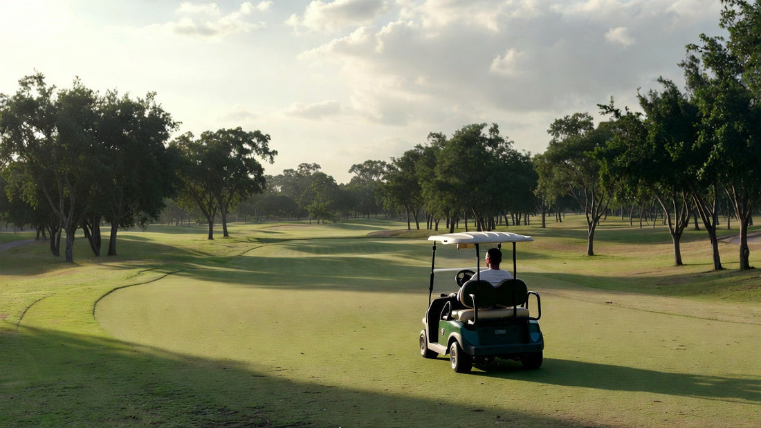 A golf cart moving slowly on a golf course fairway while the driver looks confused, illustrating a common fleet performance issue.