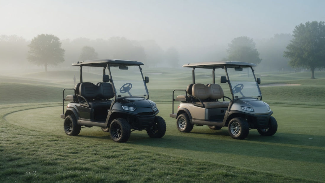 Featured image comparing two golf cart personalities on a real golf course, highlighting Yamaha-style quickness and Club Car-style quiet comfort.