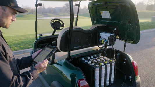 Golf course technician checking lithium golf cart battery cell voltage imbalance using a smart battery monitoring system.