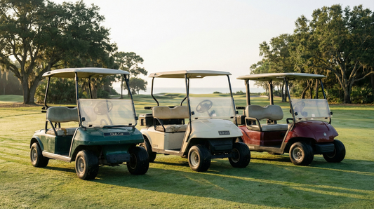 Professional comparison of long-lasting golf carts on a premium golf course, highlighting durability, real-world aging, and fleet investment value over time.