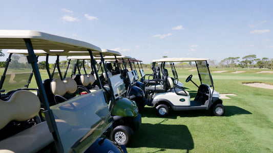 Golf cart canopy comparison featuring ABS, fiberglass, and aluminum roofs under sunlight, highlighting durability and design differences.