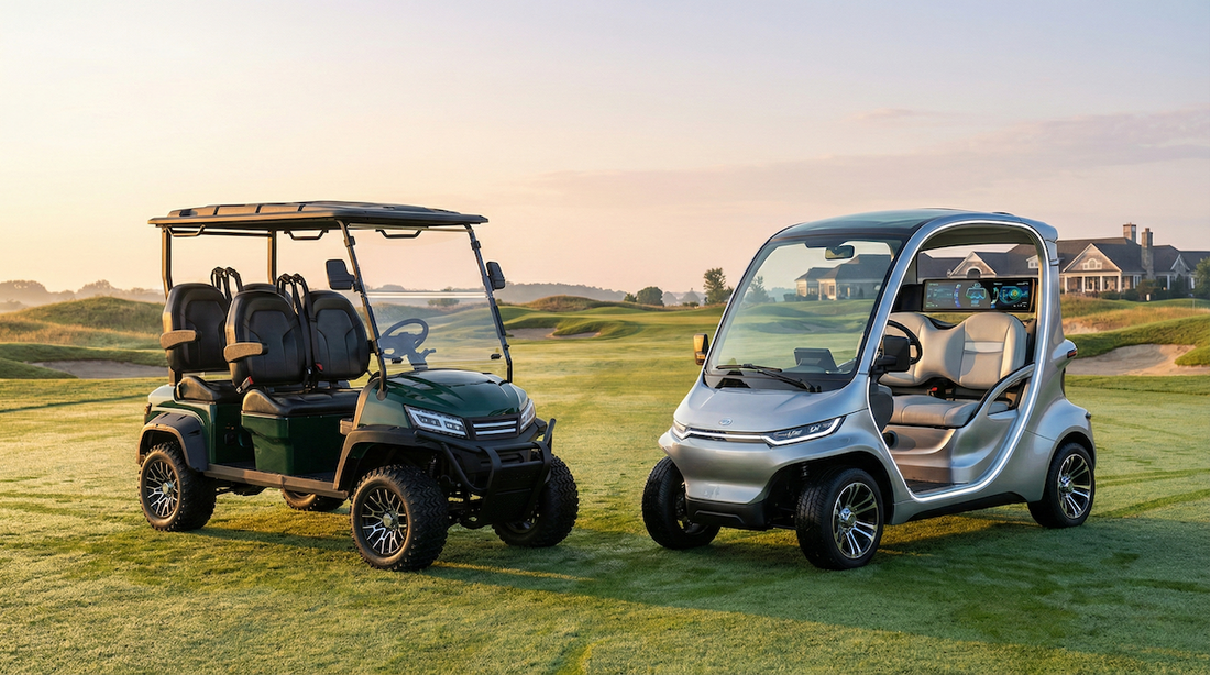 A panoramic golf course image contrasting traditional and modern golf carts, symbolizing the future of golf course mobility and procurement decisions.
