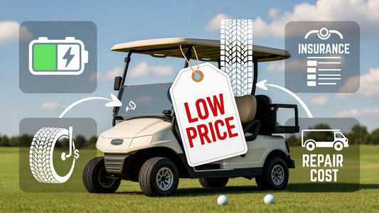 Golf cart with price tag and hidden cost overlays like battery, maintenance, and repairs, illustrating total cost of ownership beyond upfront price.