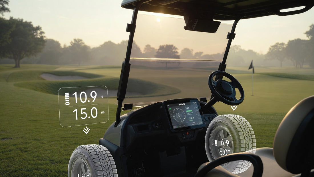 Golf cart TPMS system displayed on a modern electric golf cart at a professional golf course during fleet inspection.