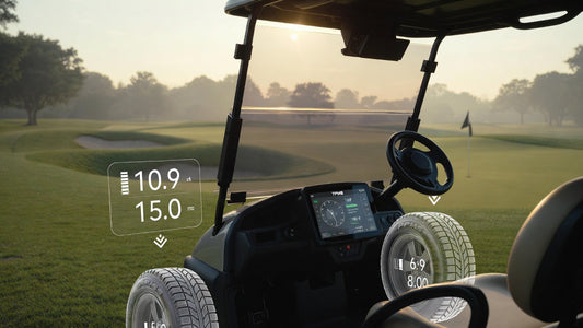 Golf cart TPMS system displayed on a modern electric golf cart at a professional golf course during fleet inspection.