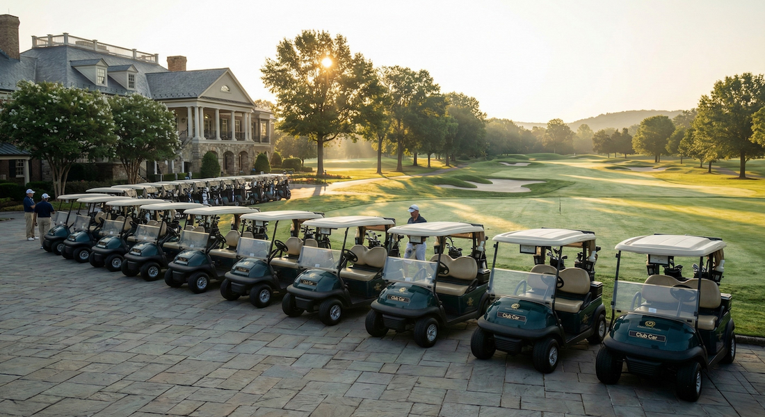A professional golf course fleet lined up at sunrise, symbolizing operational reliability, fleet management strategy, and supply chain resilience in the golf industry.