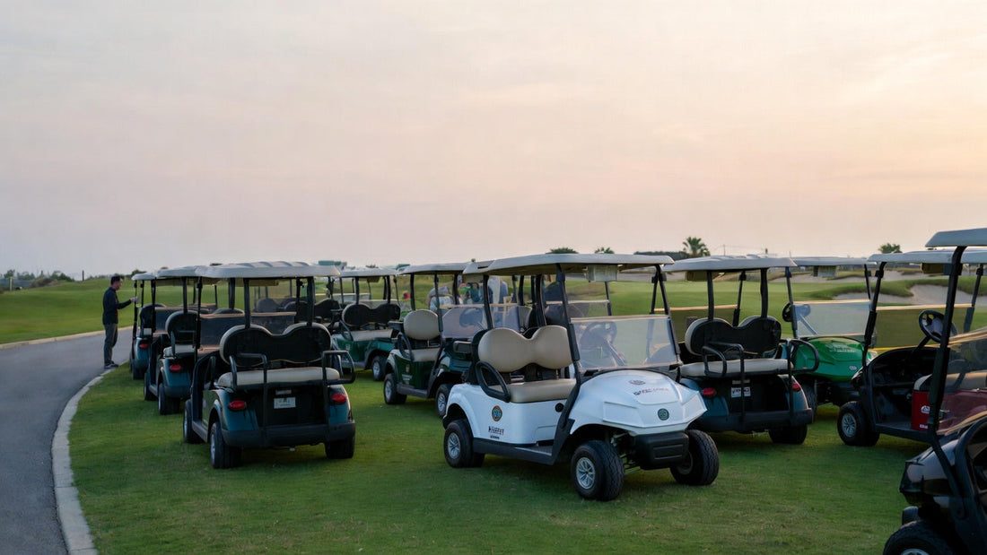 Fleet of golf carts lined up on a golf course, representing commercial purchasing and fleet management.
