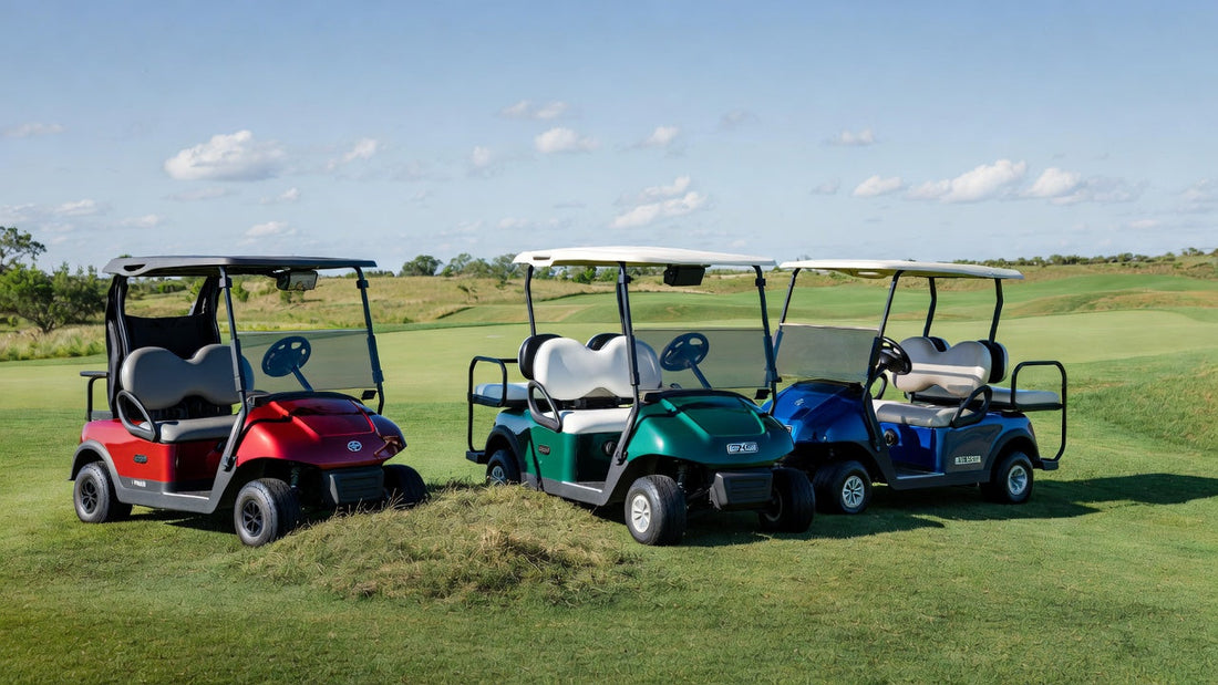 Side-by-side comparison of four golf carts on a professional course, highlighting differences in design and handling for fleet buyers.