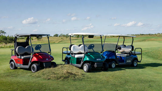Side-by-side comparison of four golf carts on a professional course, highlighting differences in design and handling for fleet buyers.
