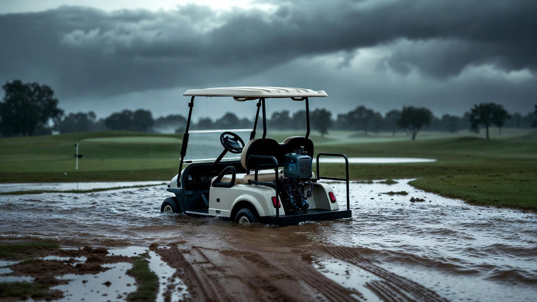 Flooded golf cart on a rainy course with water reaching motor level, emphasizing risk of severe motor damage and urgent action.