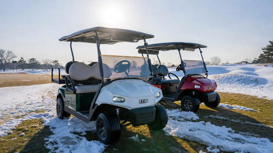 Comparison of E-Z-GO and Yamaha golf carts in a winter golf course setting, highlighting battery protection and cold-weather operating performance.