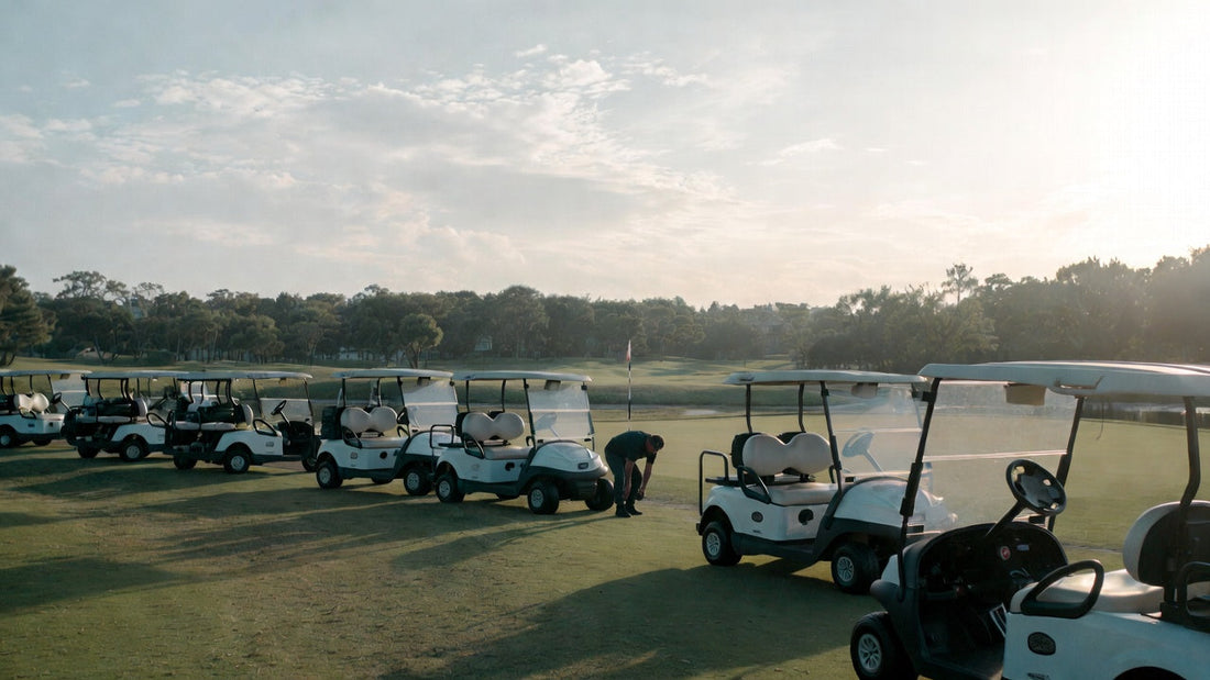 Golf cart fleet maintenance on a golf course with technician inspecting tires, highlighting preventive care and reliability management.