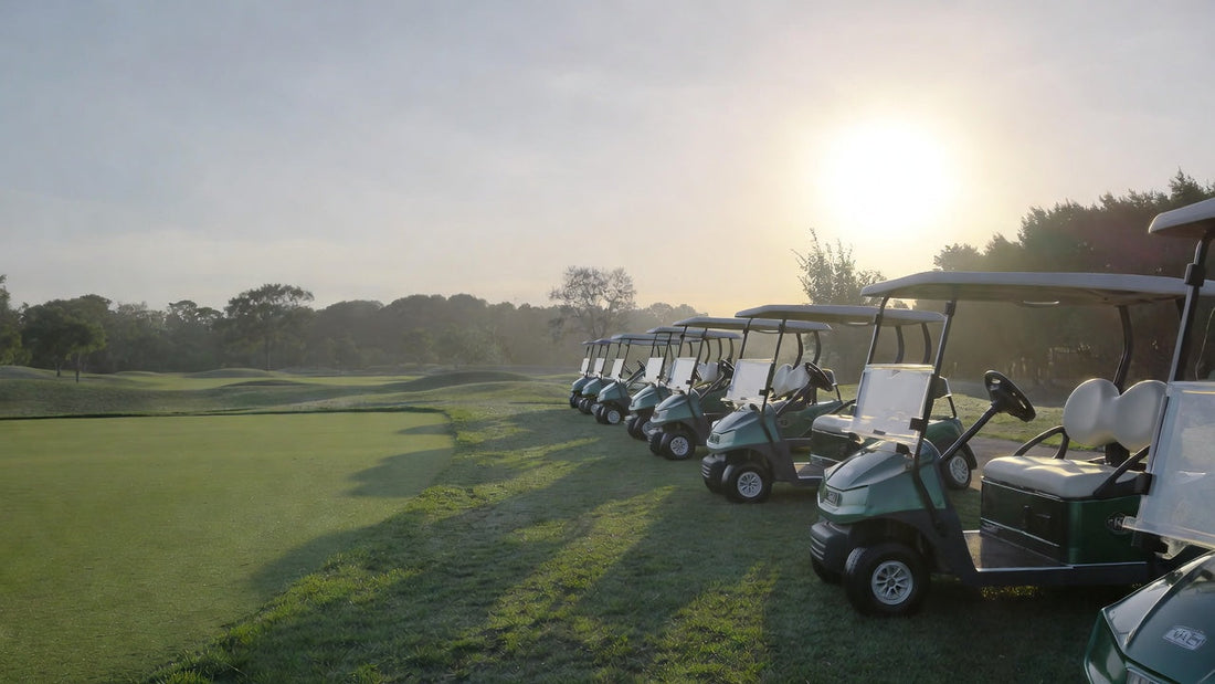 Golf cart fleet parked on a golf course during early morning, representing carts returning to service after a period of inactivity.