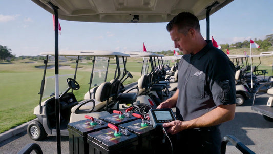 Technician inspecting golf cart battery health with diagnostic tool showing cycle count on a modern golf course fleet.
